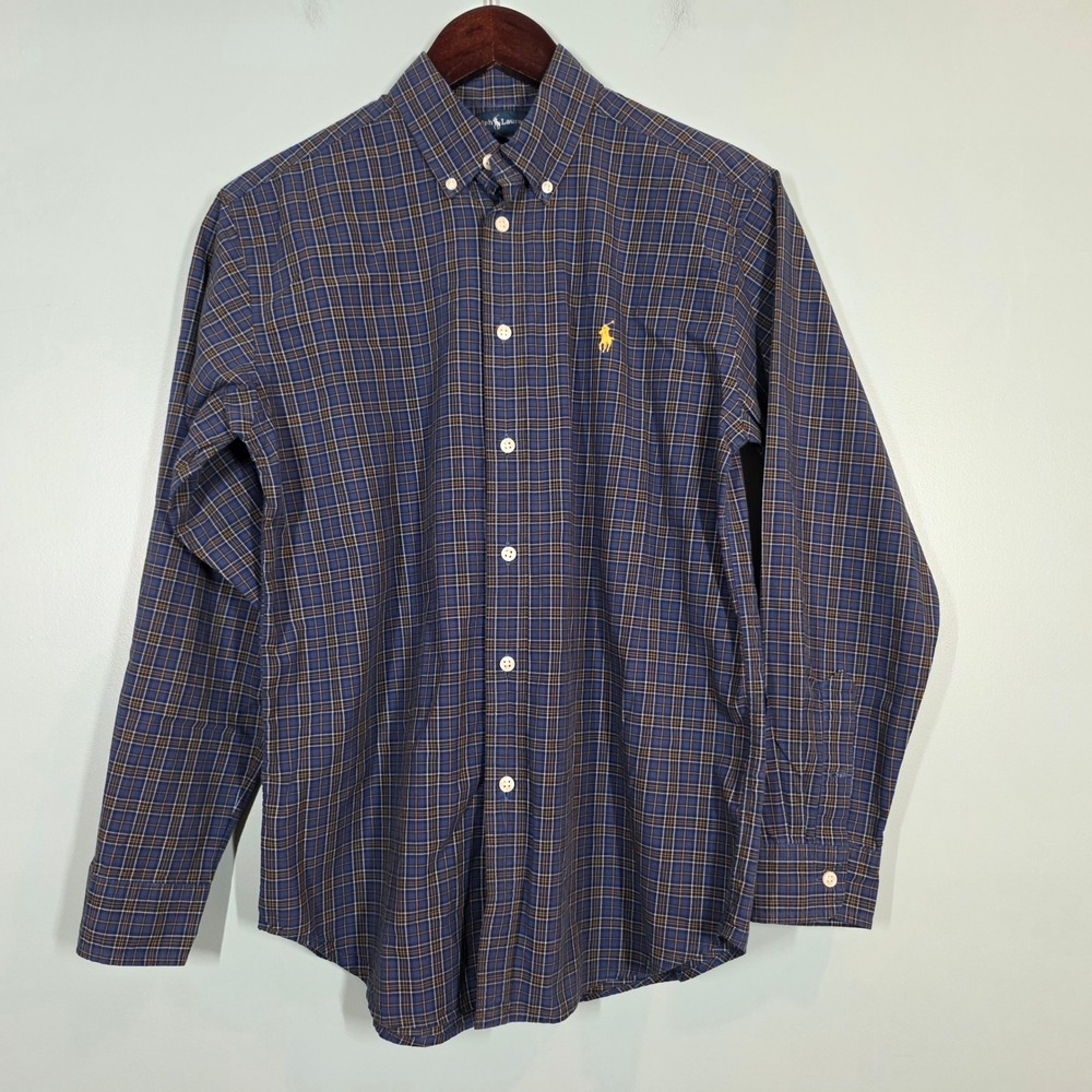 Ralph Lauren Boys Navy Blue Plaid Button-Down Shirt with Yellow Pony